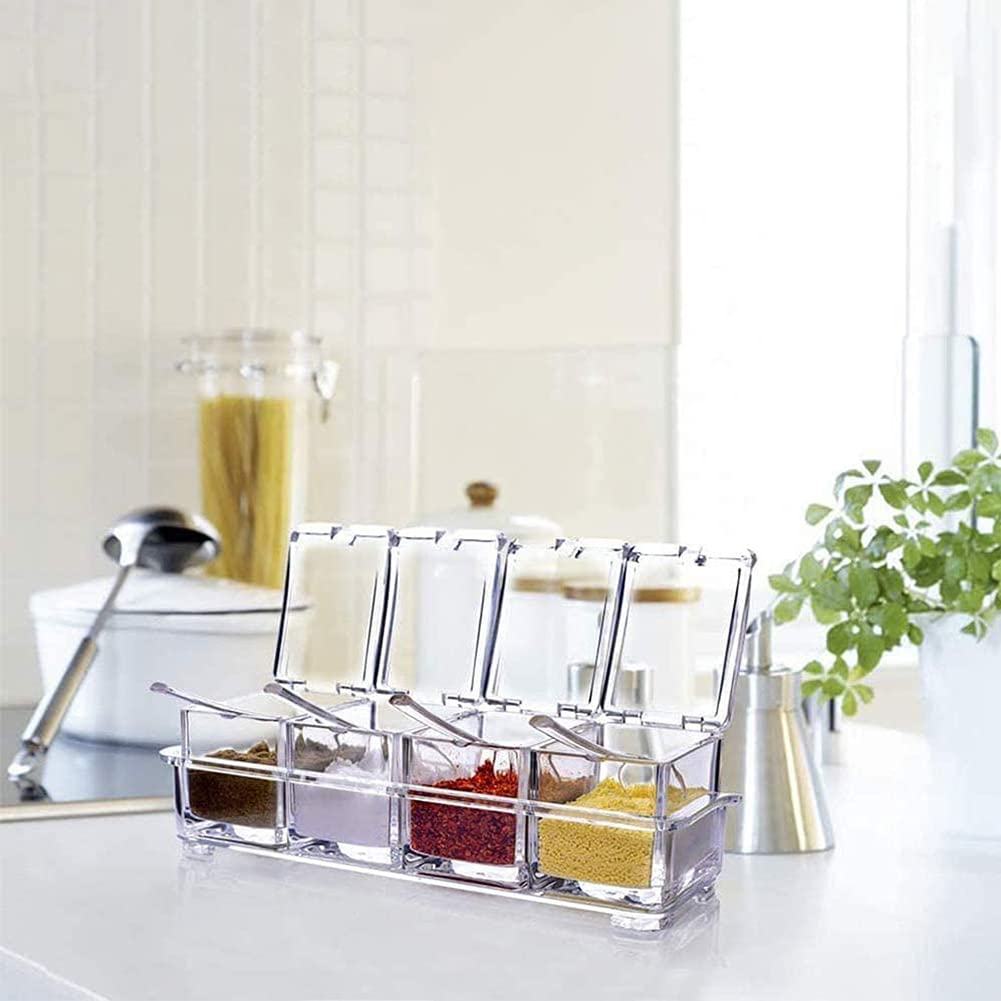 4 in 1 Condimento Box, Cucina Scatola di Spezie, Barattoli in Plastica per Speziecon, Barattoli per Spezie da Cucina, con Coperchio e Cucchiaio, per Conservare Sale, Pepe, Zucchero, Zucchero, Spezie