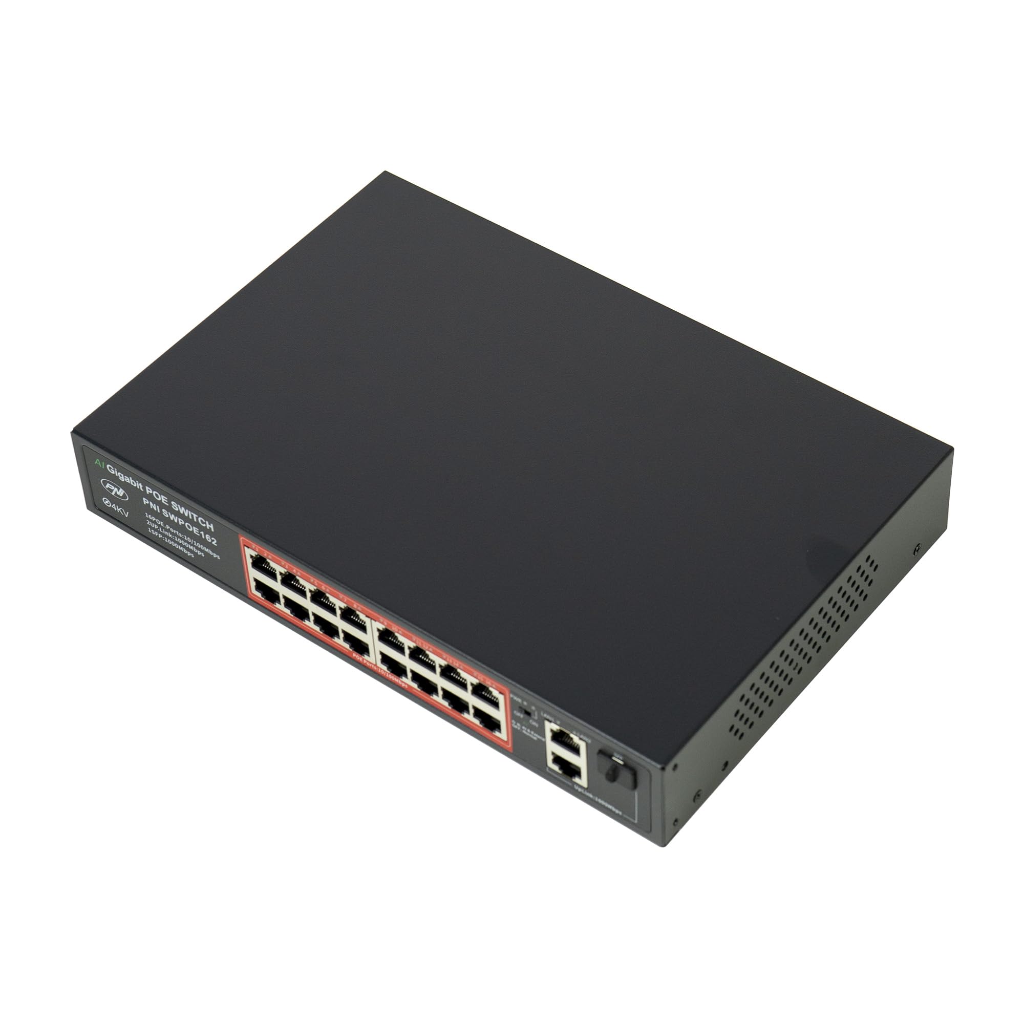 Conmutador PoE PNI SWPOE162, 16 Puertos PoE de 100 Mbps, 2 Puertos UP Link de 1000 Mbps, 1 Puerto SFP de 1000 Mbps, 240 W, función AI Extend hasta 250 m, protección contra Rayos de 4 kV