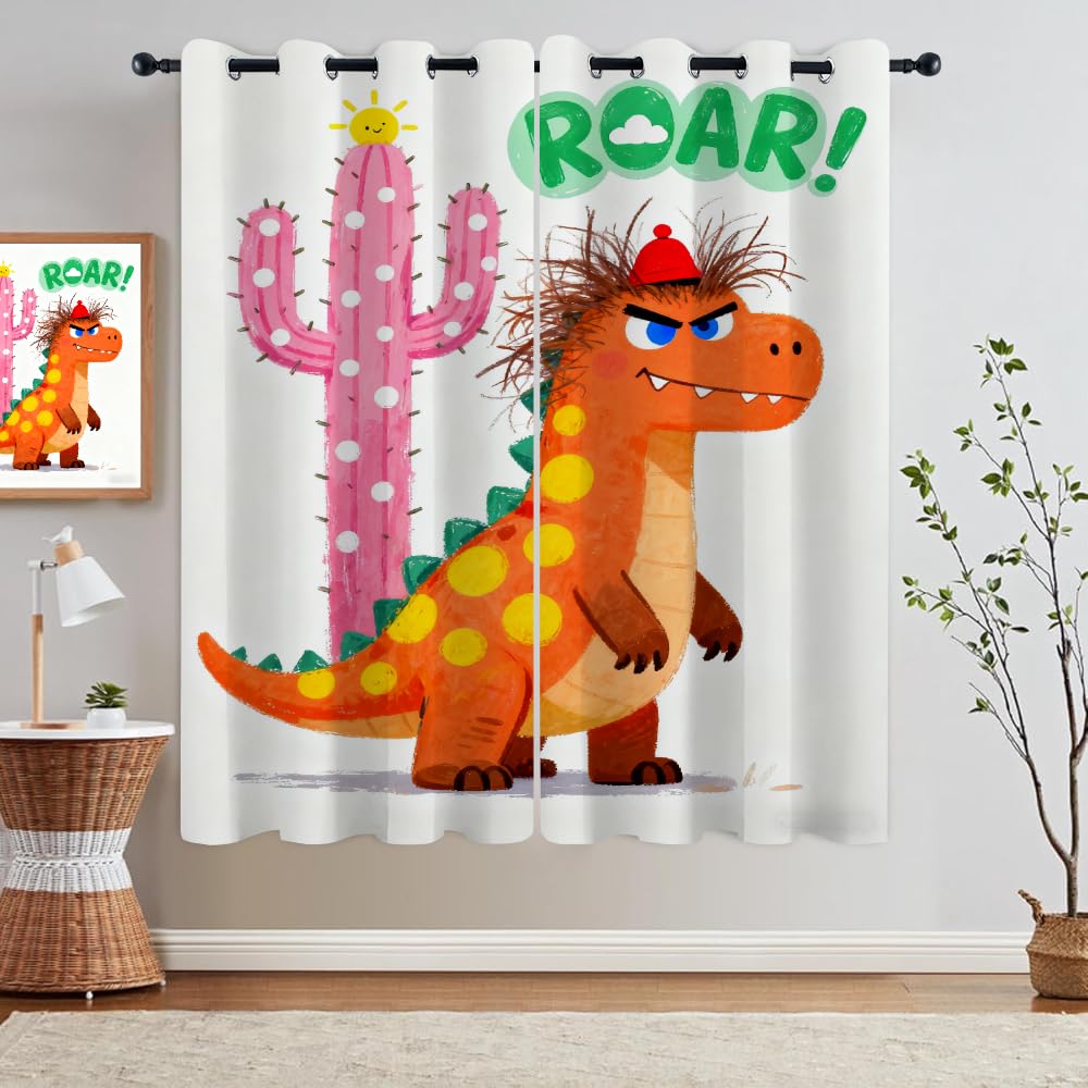 Dinosaure Salon Rideaux Occultants, Cactus Enfants Panneaux de Rideaux intérieurs, Thème pour Enfants Draperies, Dinosaure de Dessin animé Chambre Décoration Fenêtre L132 x H240cm x2