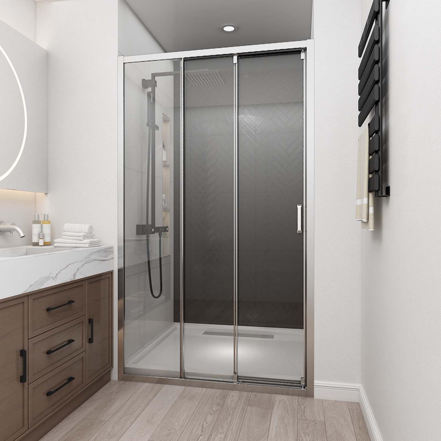 46" W x 78" H 3-Panels Sliding Shower Door, Shower Door Clear 6mm Tempered Glass with Chrome Frame, 3-Panels Sliding Shower Easy to Clean,Three-Panel Synchronized Shower Sliding Door
