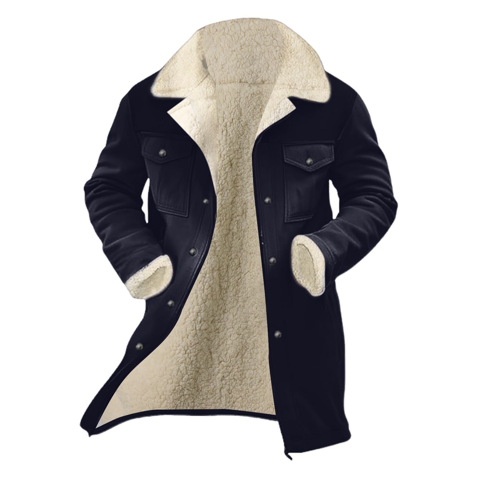 Generisch Giacca invernale da uomo lunga in pelle scamosciata, calda giacca da trekking tinta unita streetwear calda cappotto camoscio casual in pile trench cappotto caldo giacca invernale giacca