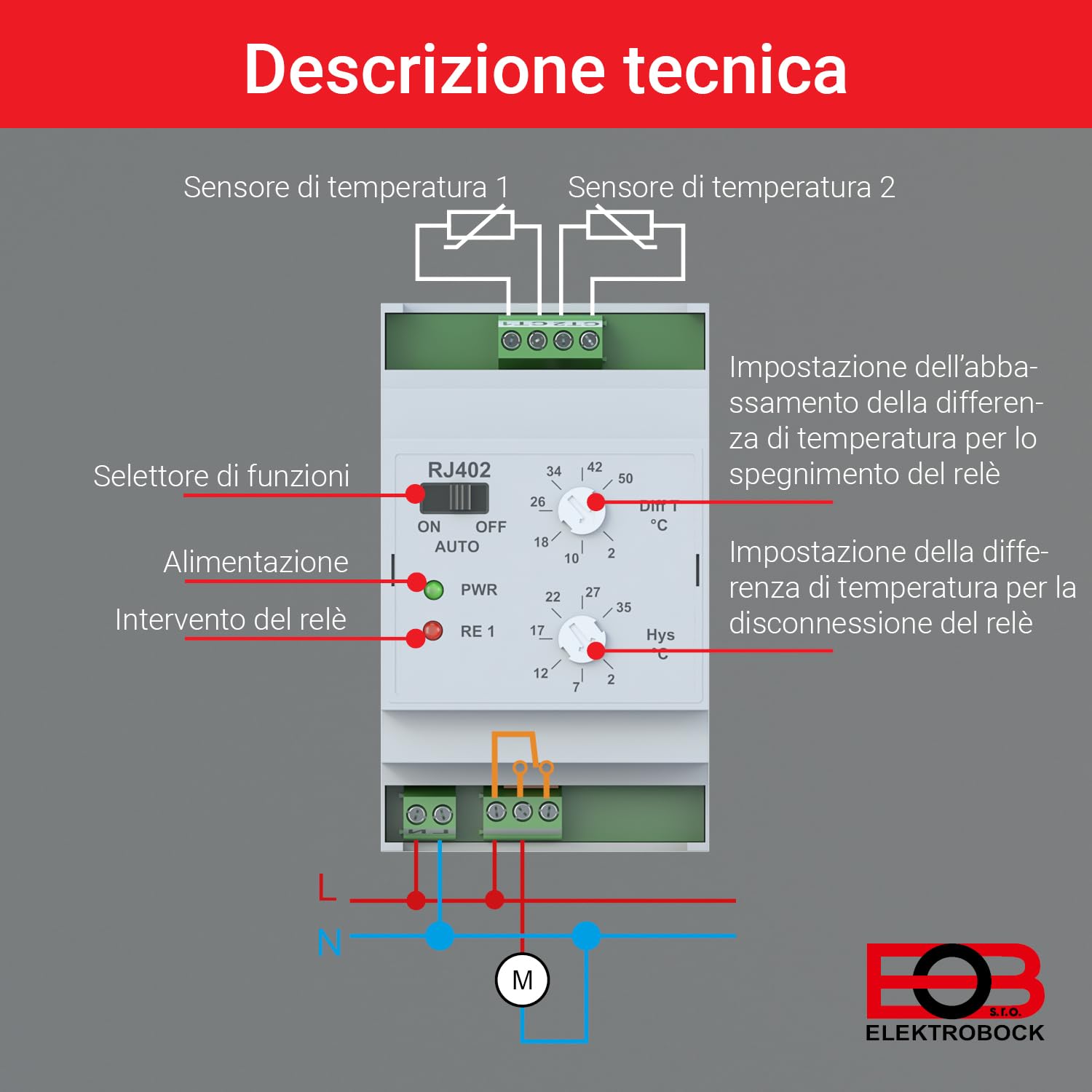 ELEKTROBOCK RJ402 Interruttore differenziale di temperatura | per pompa di circolazione e impianto solare - guida DIN - con 2 sensori esterni