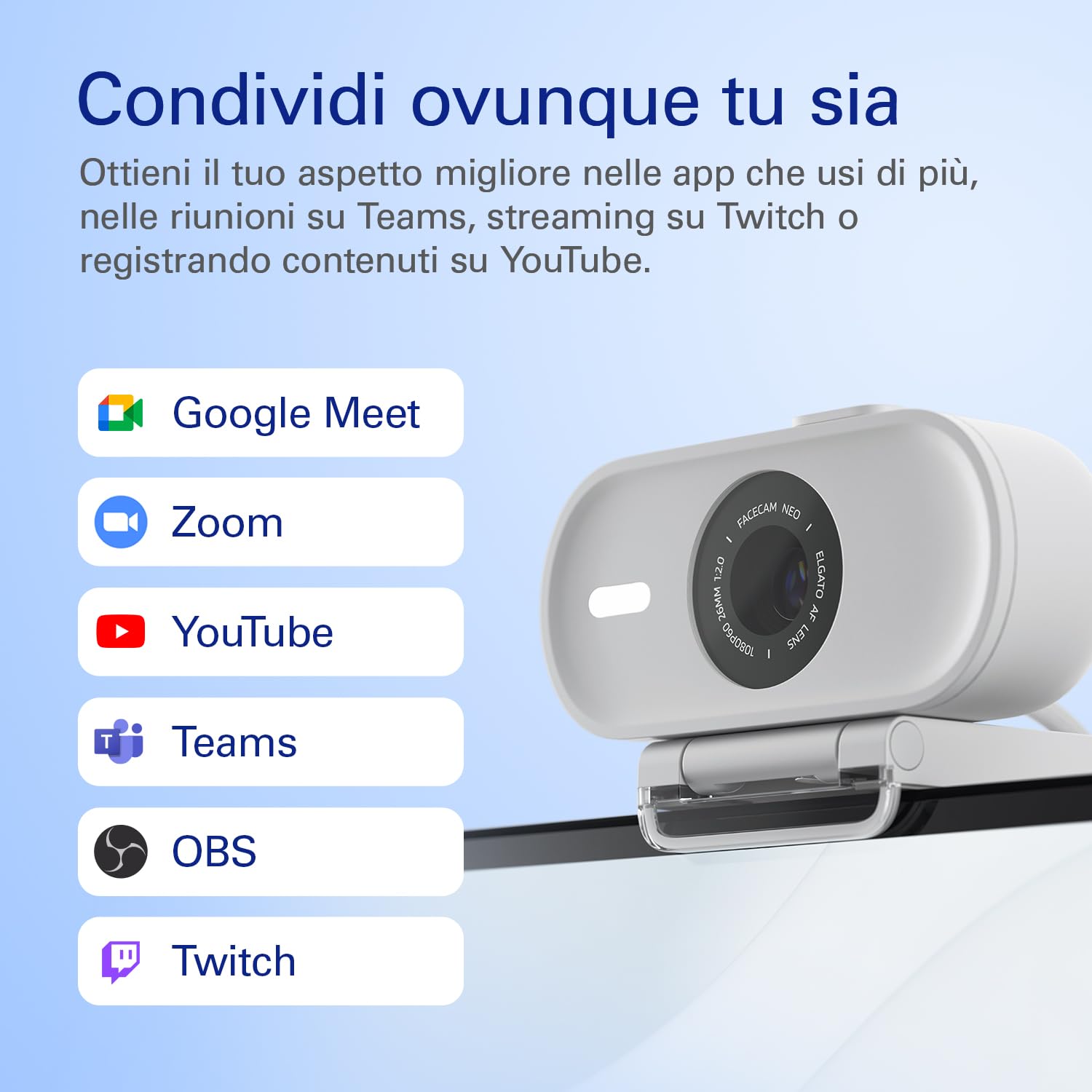 Elgato Facecam Neo – Webcam Full HD con copriobiettivo scorrevole, correzione della luce, per videochiamate, streaming, Teams/Zoom/Slack/OBS/Twitch/Youtube e altro – USB-C/Plug & Play su PC/Laptop/Mac