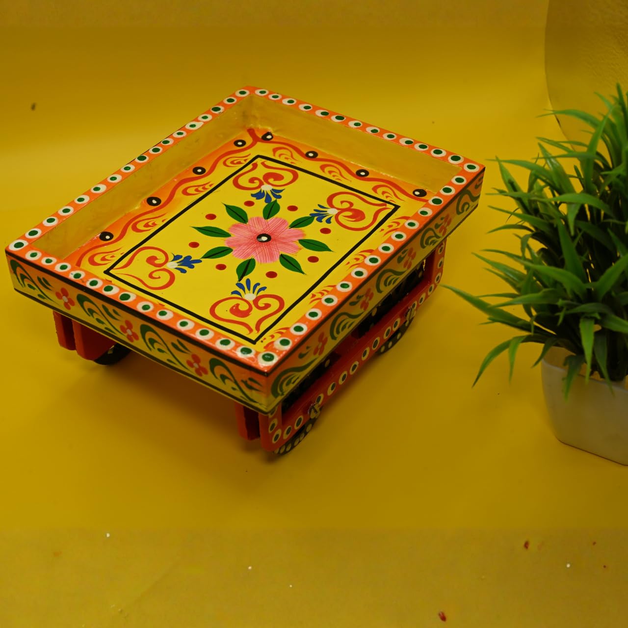 Handcrafted Wooden Decorative Trolley Tray | Traditional Hand-Painted Square Serving & Display Tray with Wheels for Home Decor & Gifting (Yellow) 2