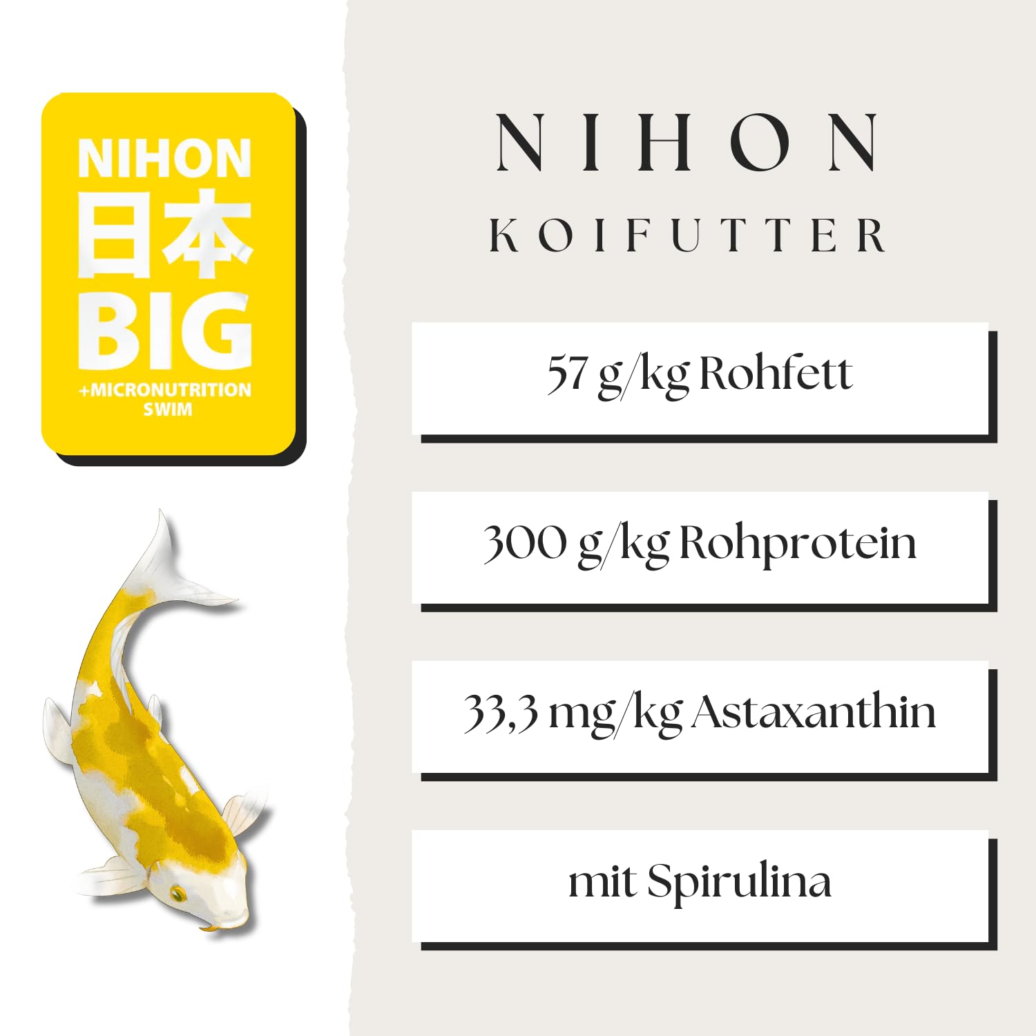 NIHON Hokovit Big Swim karma dla koi – pływająca całoroczna karma dla koi i karpia – ze spiruliną i astaksantyną – wspomaga zdrowy wzrost i rozwój koloru – granulki 4,5 mm – 5 kg