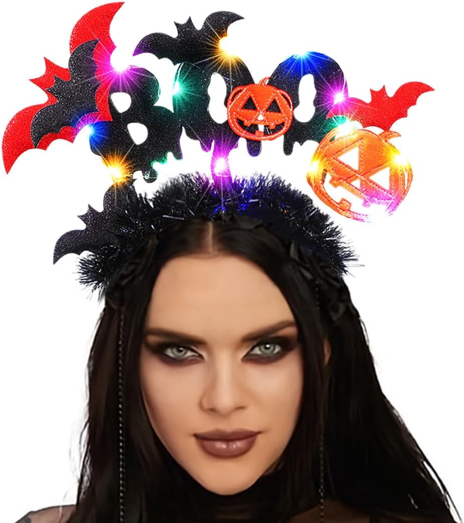 GORTIN Light up Halloween Headband Black Led Bats Headpiece Pumpkin Cosplay Costume Hair Accessories for Women