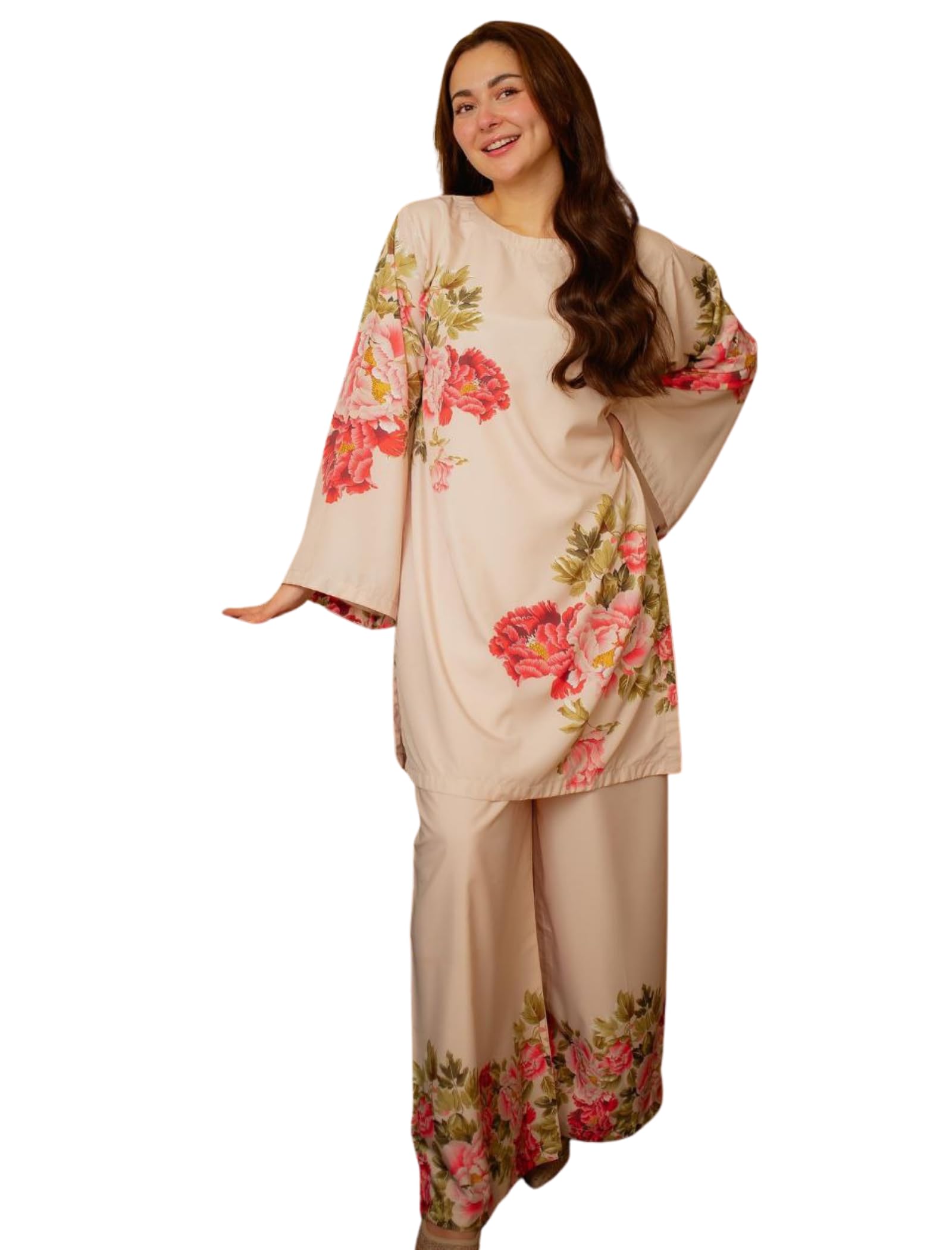 Cotton Poly Night Suit for Womens - Turkish Full Sleeves Stylish Round Neck Floral Print Western Sleep Wear Sets for Woman, Wear as Night Dress Pant, Top & Lounging-image-15