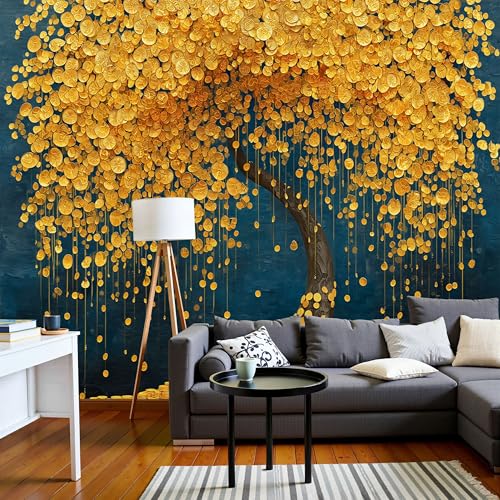 Papier peint feuilles luxueuses or et bleu décoration murale premium grand format - 3