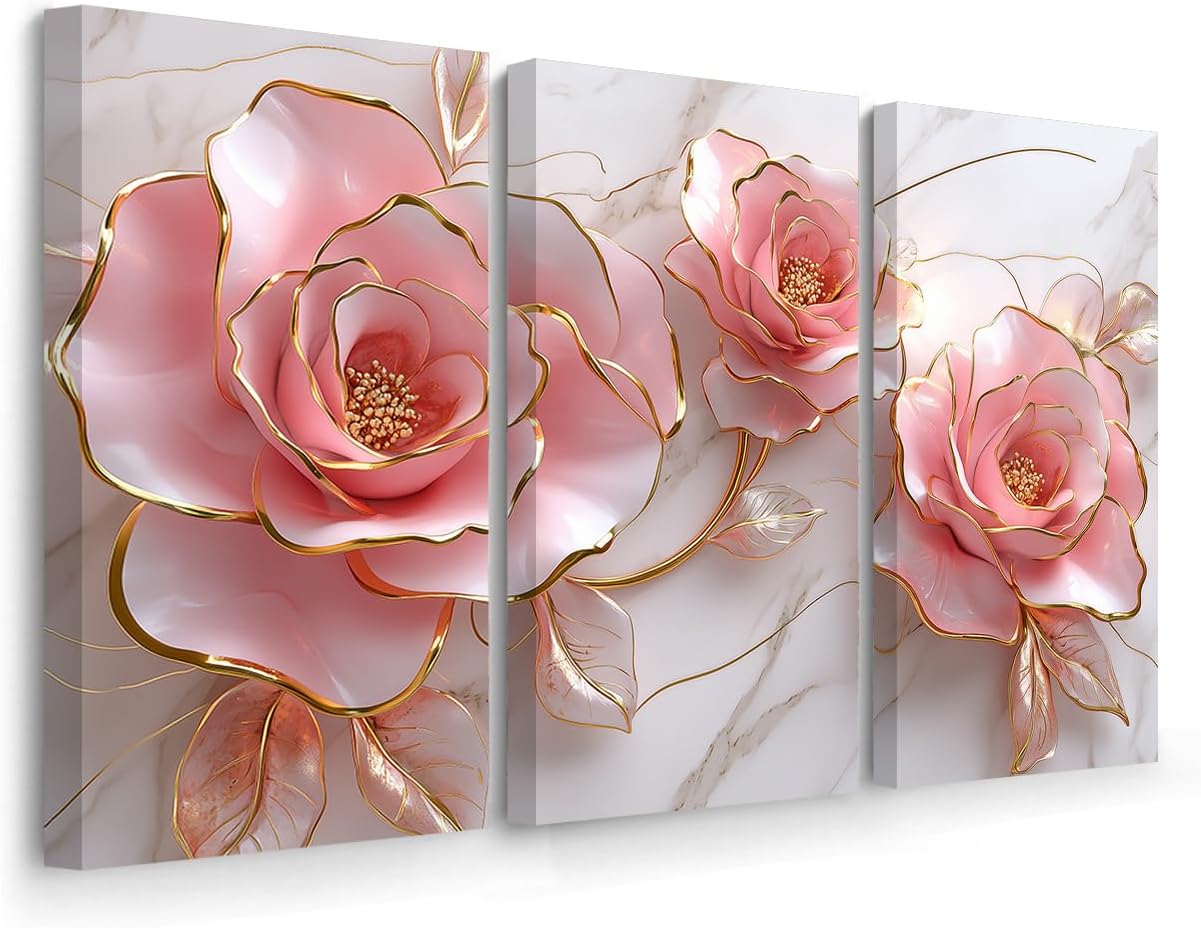 BJYCHG Pink Rose Canvas Wall Art Abstract Pink and Gold Wall Decor 3 Pieces Luxury Floral Painting Floral Marble Picture Prints for Bedroom Bathroom Decor Framed (Pinks, 16x8inchx3 Pieces)