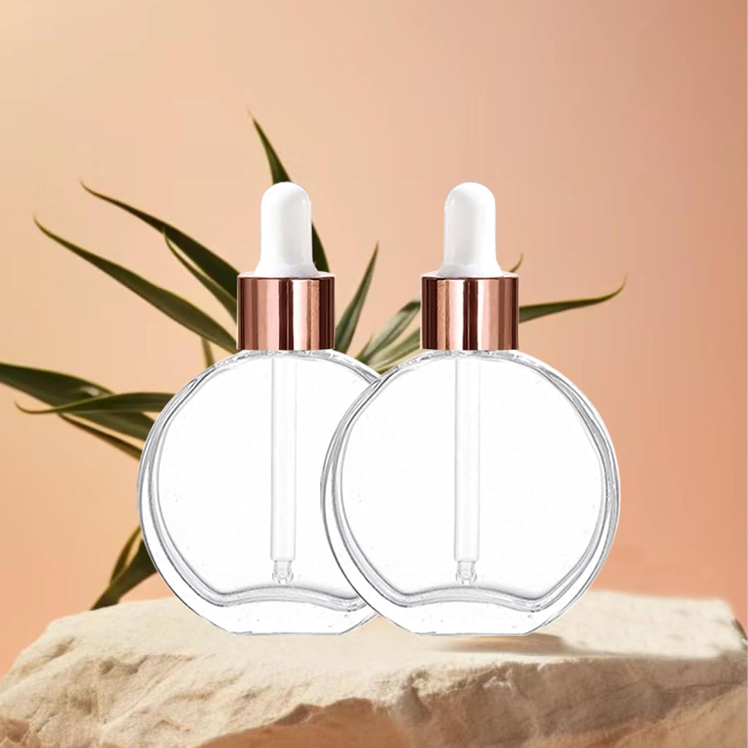 6Pcs,2 oz Glass Dropper Bottles for Essential Oils,60ml Clear flat round perfume bottle with Droppers,for Oils, Perfumes, Serums,Leakproof for Travel (Clear/Rose Gold)