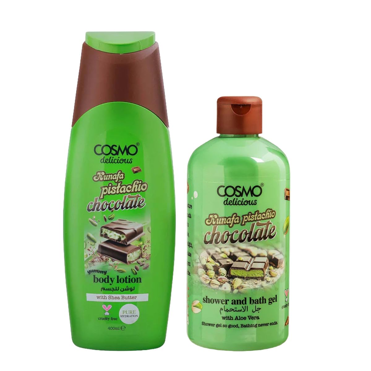 Cosmo Delicious Kunafa Pistachio Chocolate Bath & Body Care Combo | Shower & Bath Gel 500ml & Yummy Body Lotion 400ml | Aloe Vera & Shea Butter | Pure Hydration & Gourmand Scent | For Men & Women-image-27
