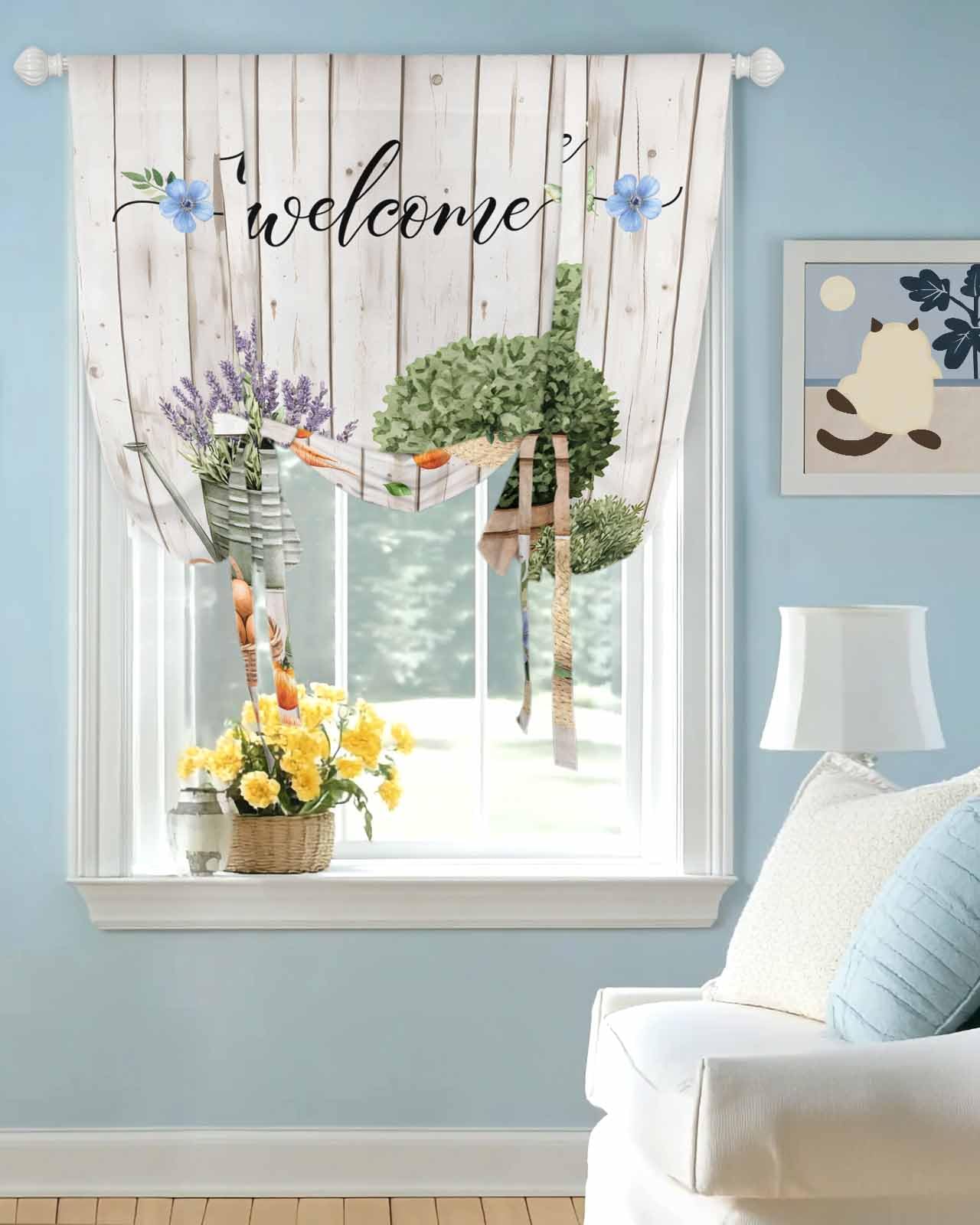 Tie Up Curtains for Windows Farm Lavender Flowers Kettle Rod Pocket Tie-Up Window Shade Adjustable Balloon Curtain Valance Potted Plant on Wood Board for Bedroom Kitchen Bathroom Blinds,34x45in