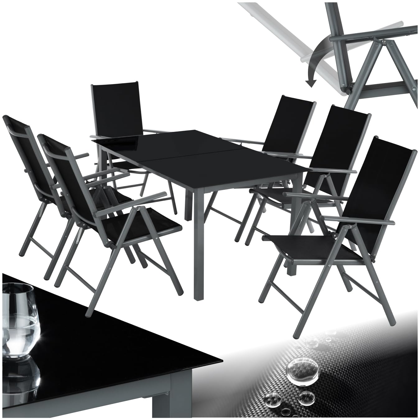 Tectake Set Mobili da Giardino in Alluminio, 6 Sedie Pieghevoli e Reclinabili, Tavolo 150x90 cm, Vetro di Sicurezza, Grigio Scuro