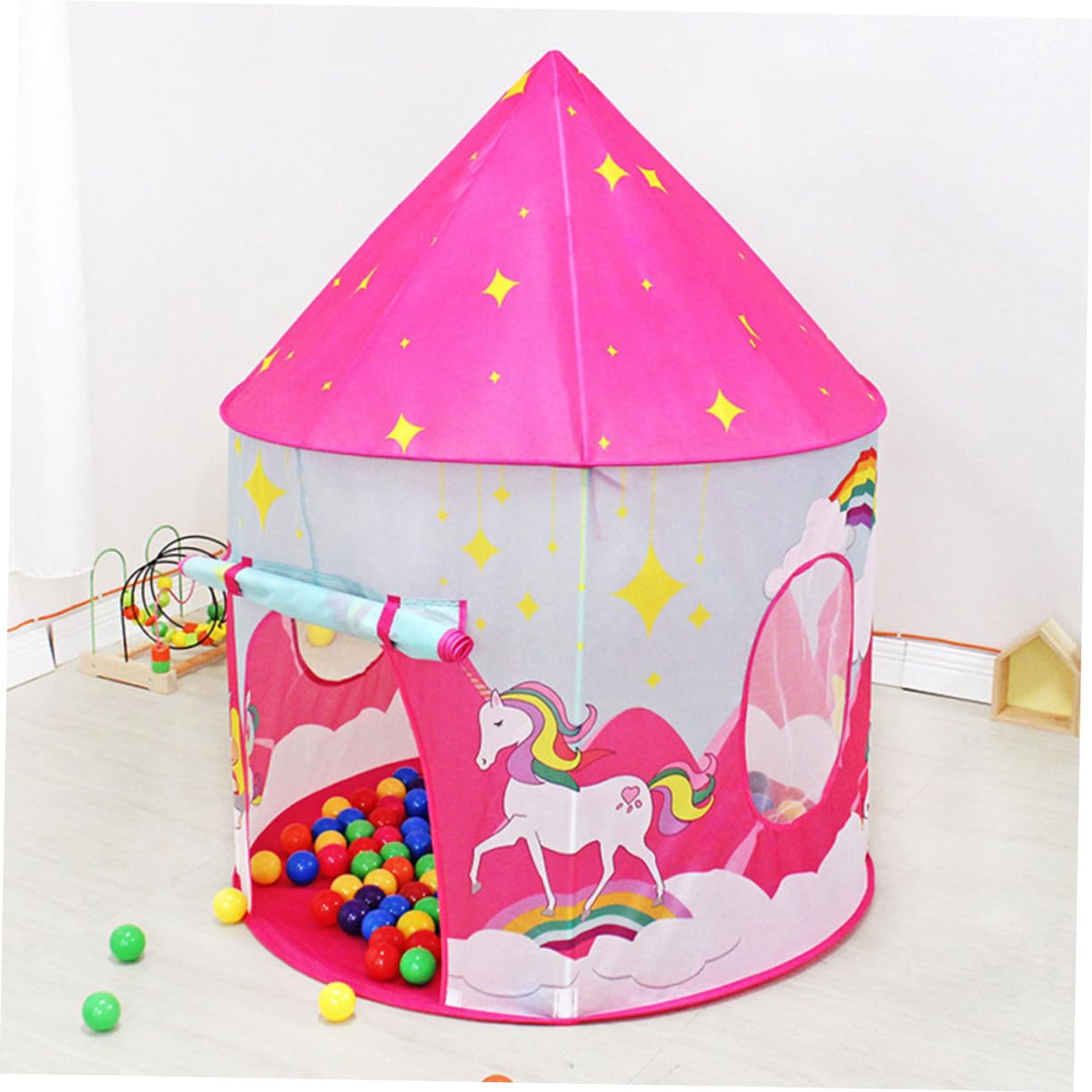 Casetta da Gioco Pieghevole Portatile per Bambini Porta Avvolgibile e Finestre, Interna, Rosa, Giocattolo Creativo per Sviluppare Immaginazione e Divertimento al Coperto