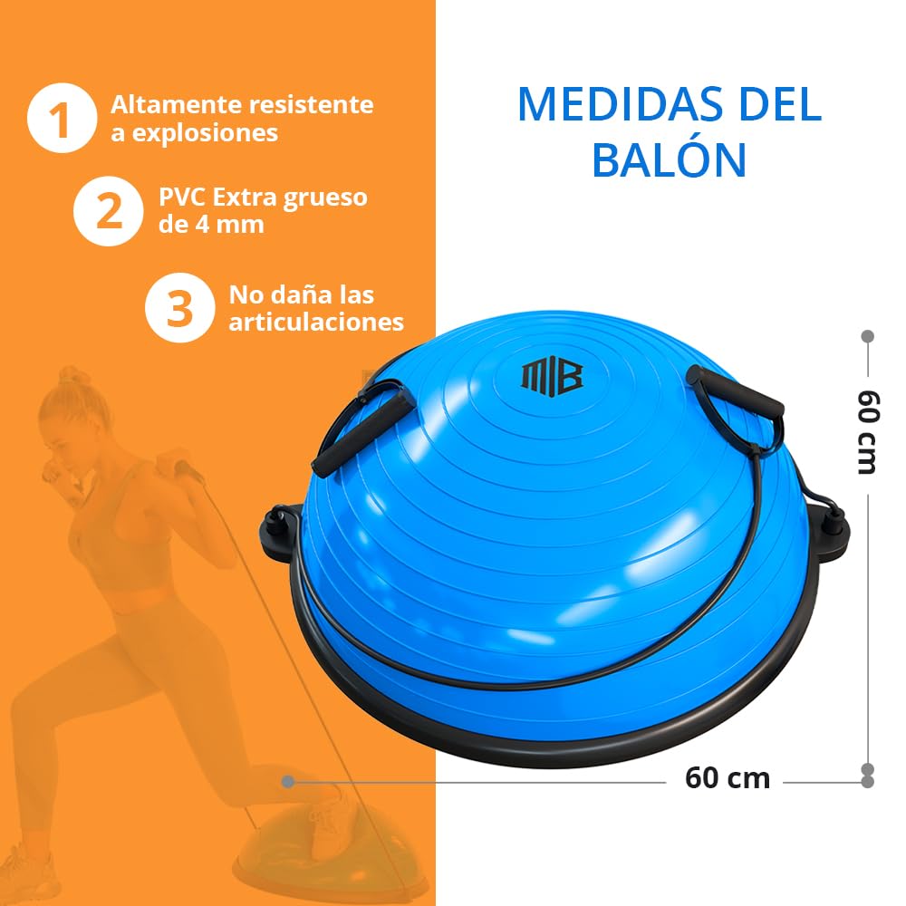 ManiBoom Bola Equilibrio Fitness Ø60cm con Inflador y 2 bandas de Resistencia - Ball ANTIDESLIZANTE para Yoga, Pilates, RECUPERACION Muscular y Estabilidad- Cojin Equilibrio Sensorial y ORTOPEDICO