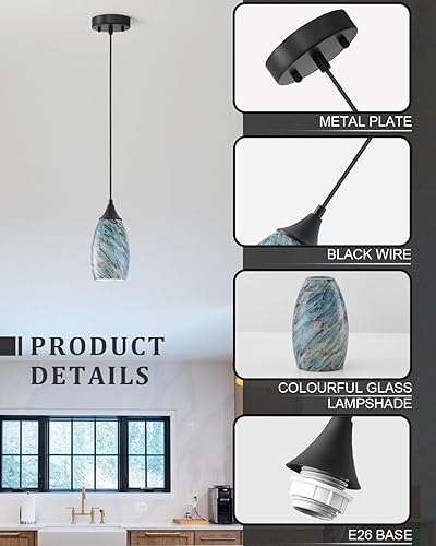 Miniatura 3 de ANYLOVE Iluminación colgante de guijarro azul vintage, paquete de 3 lámparas colgantes de vidrio de mano, cable ajustable para cocina, pasillo,