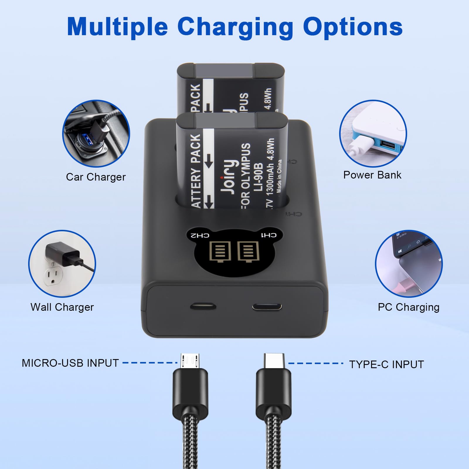 Joiry 2X Li-90B Li-92B batería y Cargador para Olympus Tough TG-7, TG-6, TG-5, SH-1, SH-2, SP-100 IHS, Tough TG-1 iHS, TG-2 iHS, TG-3, TG-4, SH50 iHS, SH60, para Ricoh GR III, GR IIIX