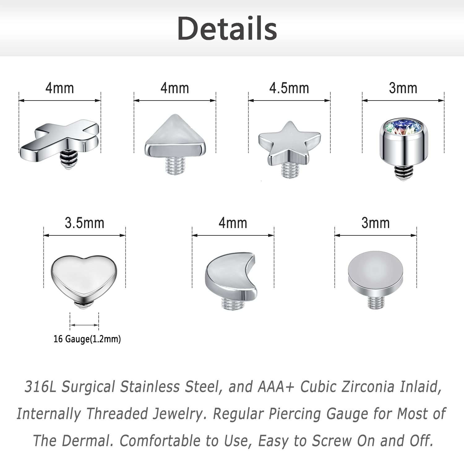 ZS 16G Dermal Piercing Gioielli Acciaio Chirurgico Diamante Top per Uomo Donna Superficie Piercing Gioielli Top Oro Nero Microdermal Piercing Gioielli