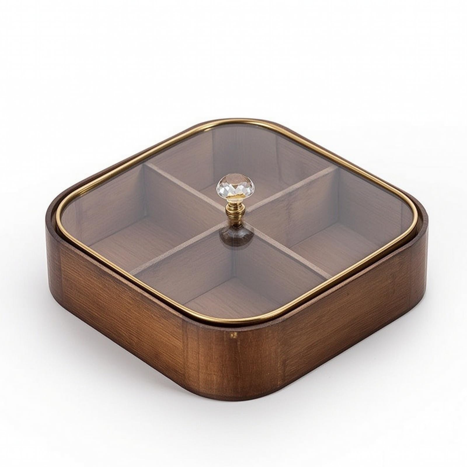 Transparent Nussdose mit Unterteilung, Quadratische Snackschale Aus Walnussholz Mit Kristallknauf, Glasdeckel, 25 × 25 × 6 cm, Ca. 1,2 Kg, 25 × 25 × 6 cm