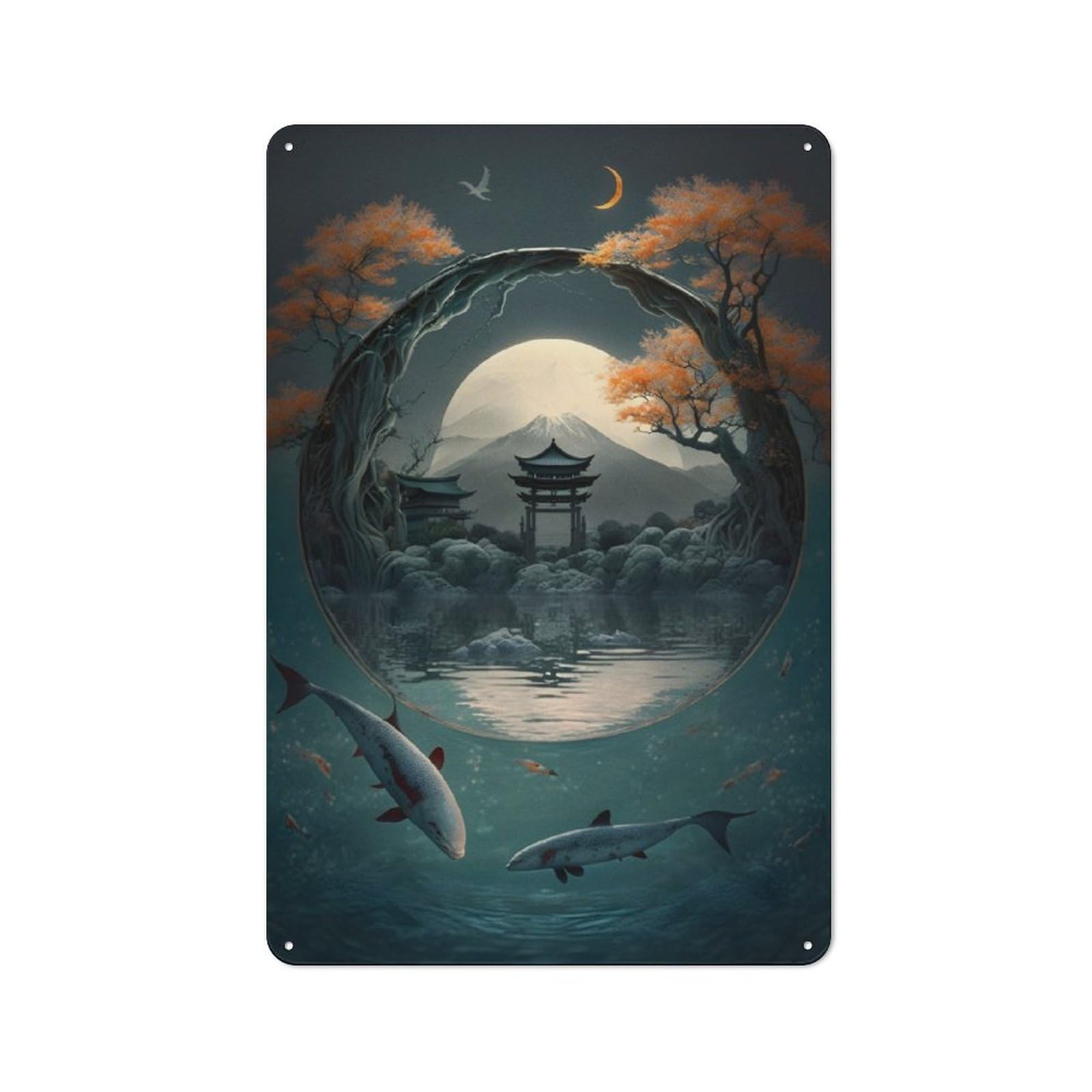 Junmoney Fish Pond And Japanese Gat Retro Tin Sign 30X20cm For Garage Or Workshop, For Furnishing A New Garage And Workshop With Retro Decor