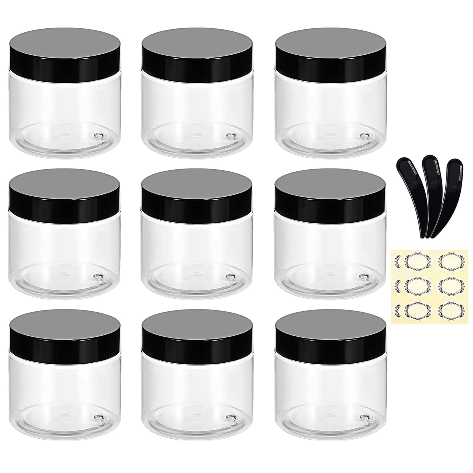 Alledomain 60Ml * 9Pcs Jars With Black Lids 9Pcs 60G/60Ml Clear Plastic Jars With 3Pcs Mini Spatulas & Labels Round Cosmetic Sample Container With Inner Liners And Black Lids For Lotions Cream Ointments Travel Makeup Beauty Storage