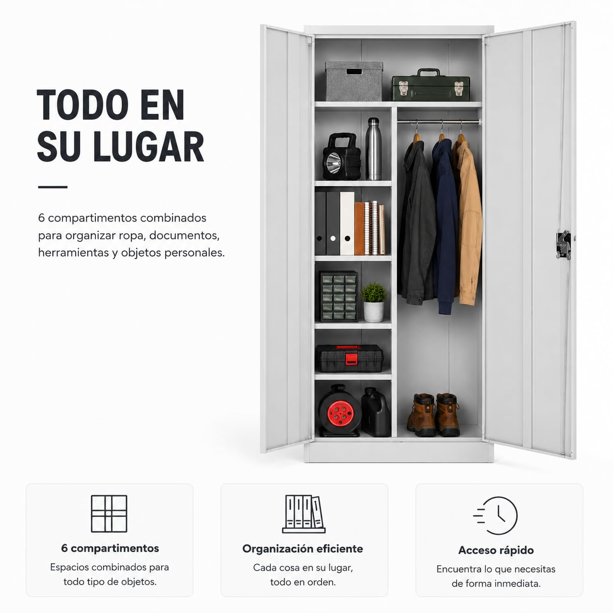 Armario Metálico Gris con Cerradura – Armario de Almacenamiento Multiusos con Puertas Dobles, Gran Capacidad y Diseño Resistente para Oficina, Hogar y Archivo (Gris, con Barra)