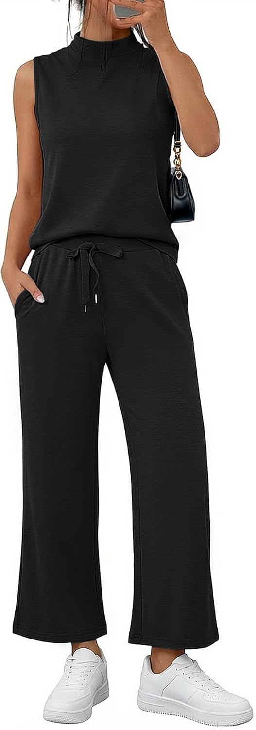 Casly Lamiit Womens 2 Piece Sets Sleeveless Mock Neck Summer Lounge Sets Wide Leg Crop Pants 2026 Vacation Travel Outfits