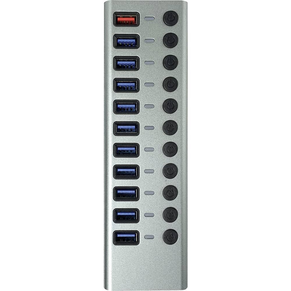 Transmedia CH 12L USB HUB 3.0 11 puertos con interruptor y pantalla LED incluye fuente de alimentación de 12 V/4 A, 10 x transferencia de datos y 1 x función de carga rápida adecuada para portátil y