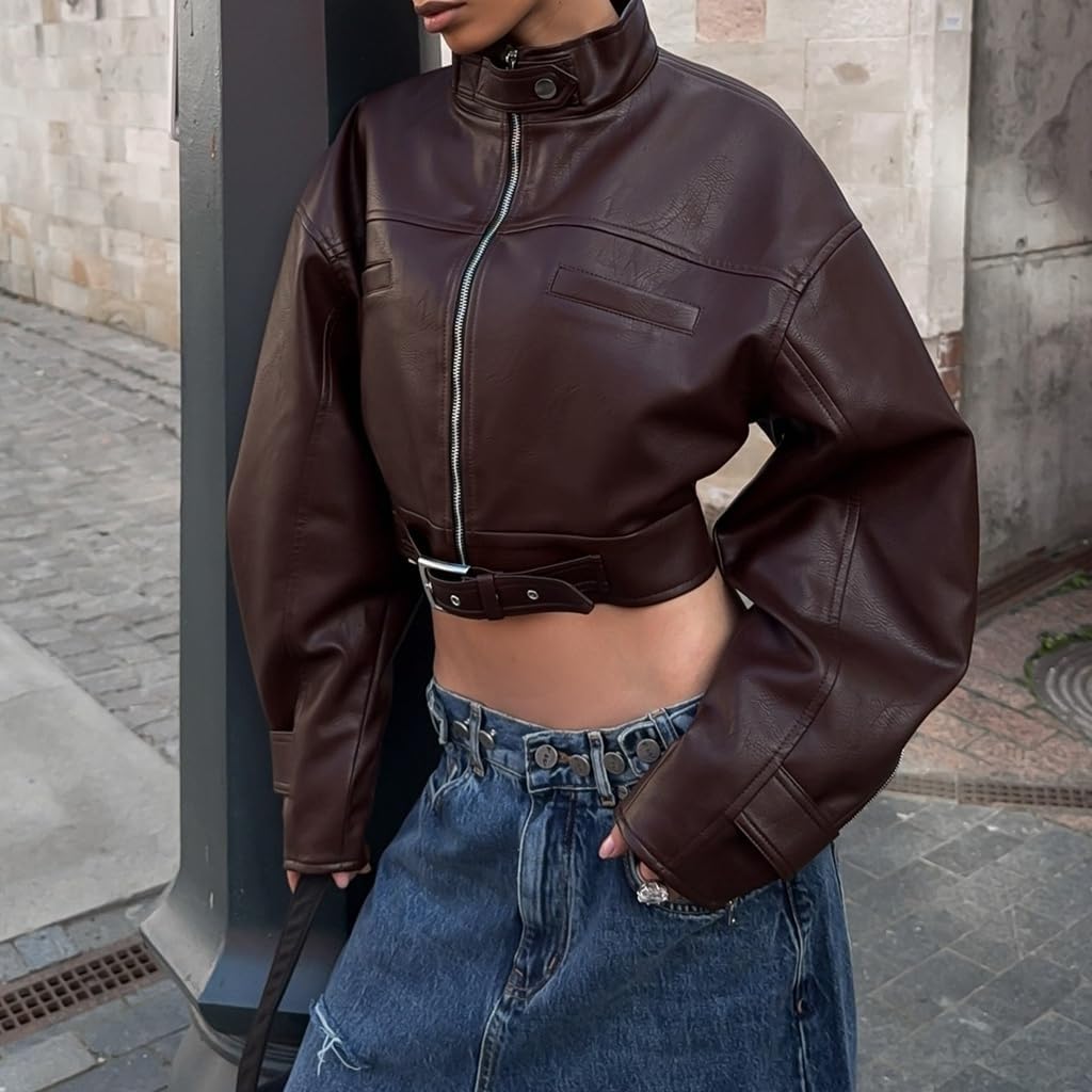 Cropped Leather Jacket Women Waist Buckle Strap Stand Collar Faux Leather Streetwear Cropped Bomber Jacket Women