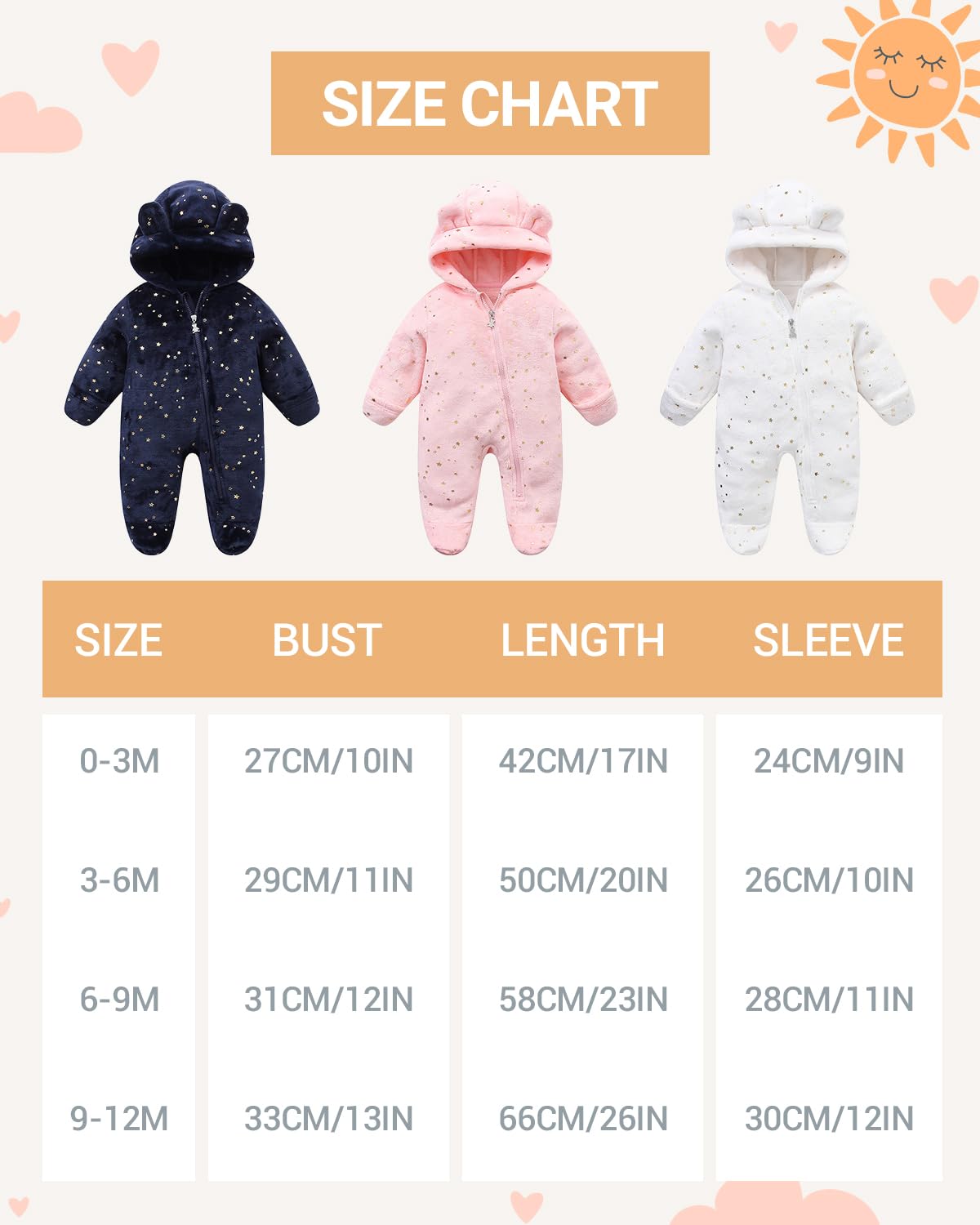 WYTbaby Dziecięcy kombinezon zimowy, polarowy kombinezon śniegowy, ciepły kombinezon z kapturem, na jesień i zimę, dla chłopców i dziewczynek, 0-12 miesięcy