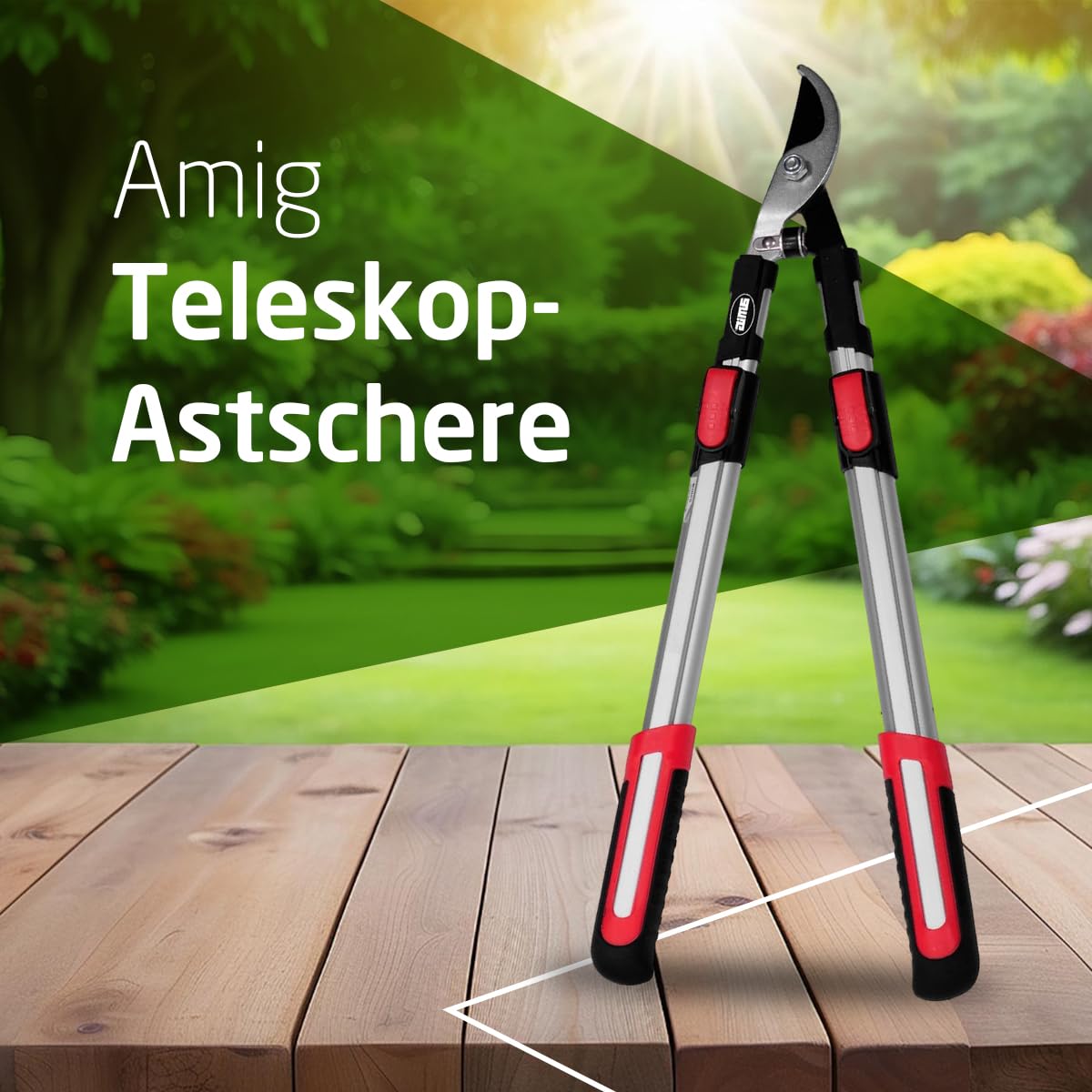 Amig – Astschere | Teleskop-Zweihand-Gartenschere | ausziehbarer Aluminiumgriff von 62 bis 97 cm | Bypass-Schneiden | Schnittkapazität 38 mm | Rot und Schwarz