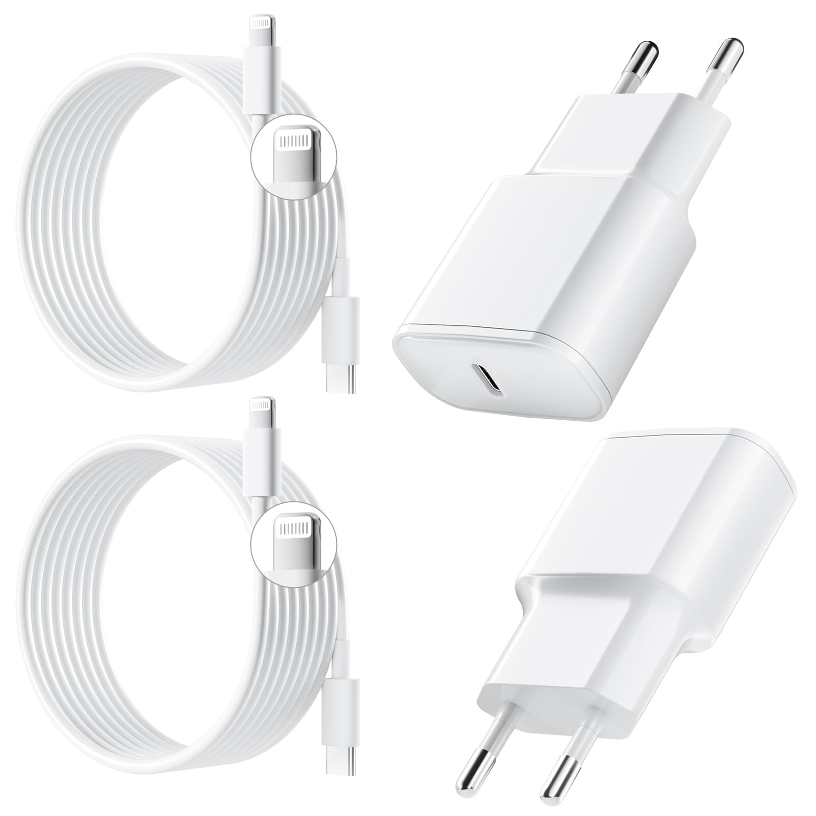 20W Chargeur Rapide pour iPhone, 2 Pièces PD 3.0 Prise USB C avec 2M Cable Light