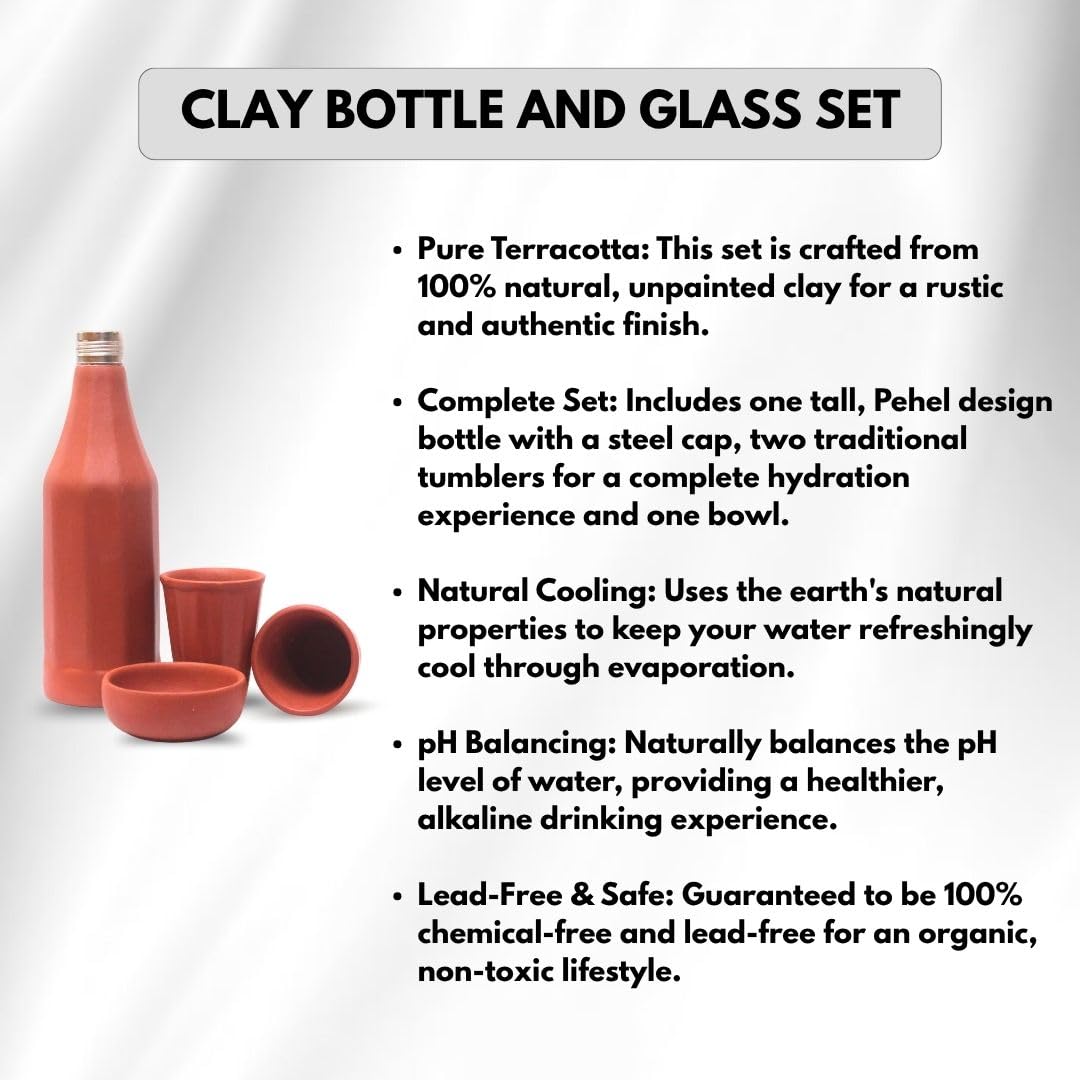 Handmade Terracotta Water Bottle with 2 Glasses and 1 Bowl Set – 1 Litre Natural Clay Flask with Leak-Proof Metal Cap – Eco-Friendly, Pehel design, Self-Cooling Alkaline Water Storage Set 4