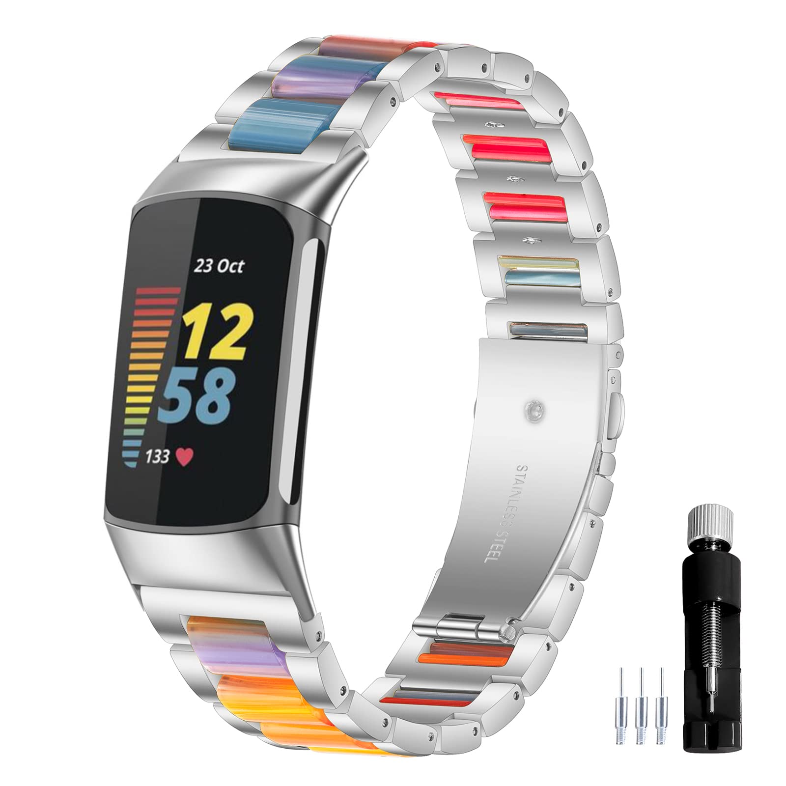 Gheper Resin Stainless Steel Watchband Compatible with Fitbit Charge 6 / Charge 5 Smartwatch Wristbands Replacement Metal Strap for Women Men