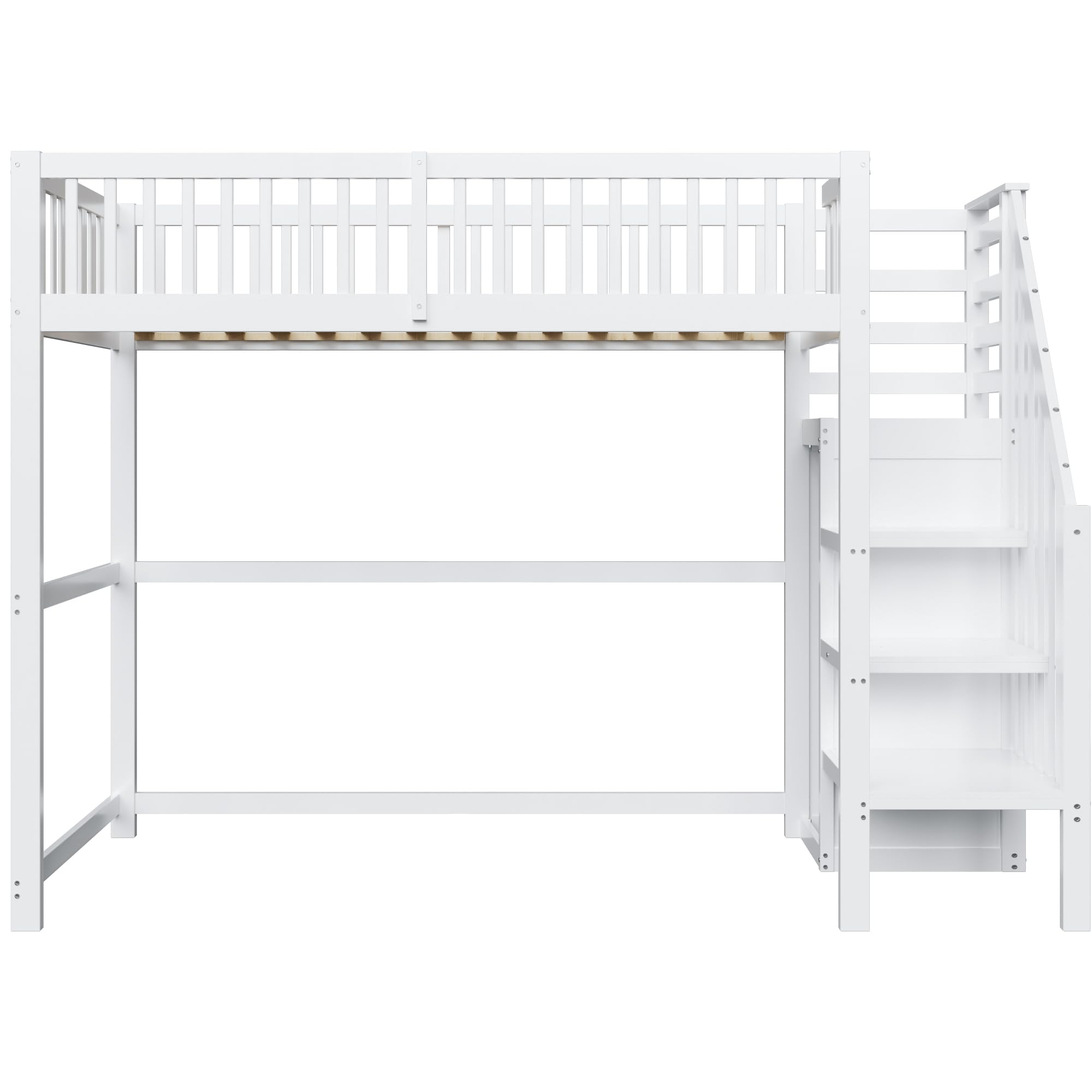 Azkoeesy Letto a soppalco singolo per bambini e adulti, con scala e armadio, protezione anticaduta e rete a doghe, spazio di archiviazione sotto il letto, bianco, 90 x 200 cm