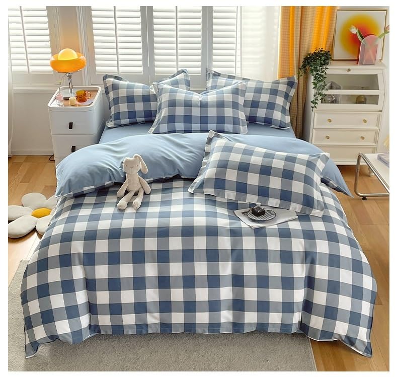 Linge de lit en coton bleu vichy haut de gamme réversible pour lit 2 personnes