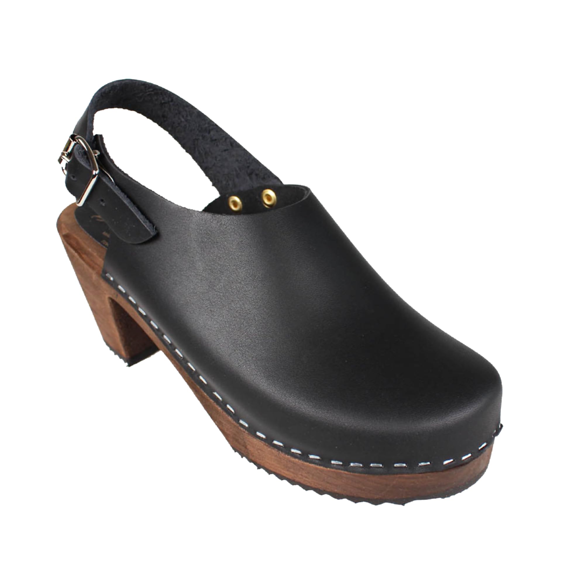Lotta From Stockholm Swedish High Heel Slingback Clogs for Women in Black Leather on Brown Base