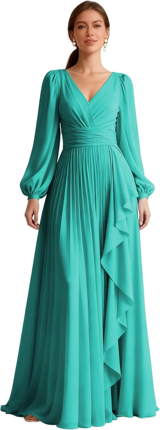 Long Sleeve Pleated Bridesmaid Dress Ruffle Chiffon V Neck A Line Formal Evening Dress with Pockets