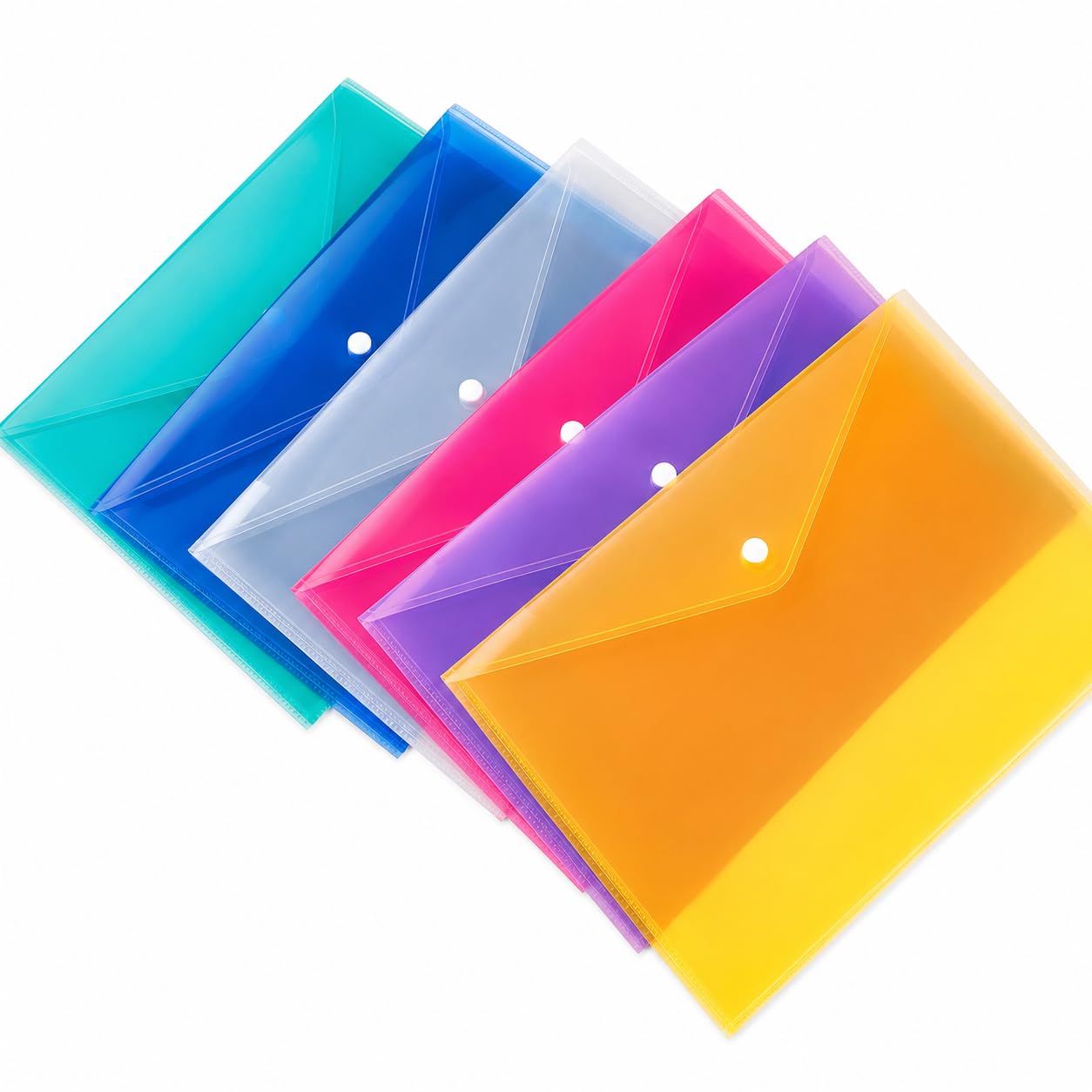 Set of 30 A4 Popper Wallets, Assorted Colour Plastic Document Folders with Snap Closure, Clear File Pockets and Envelope Wallets for School, Office, Home, Homework and Travel