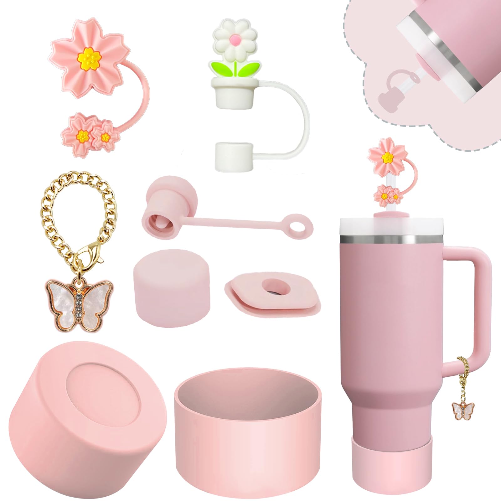 Stanley Cup Accessories Set,Including 2 Pcs 0.4in Straw Cover, 1 Silicone Spill-Proof Stopper Set of 3, 1 Cute Butterfly Handle Charm, 1 Silicone Boot