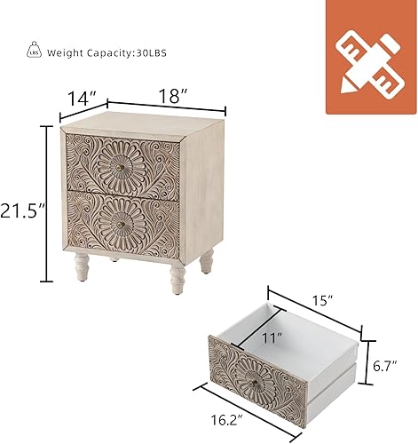 Miniatura 10 de HOMPUS Mesita de noche de 18 x 14 x 265 pulgadas con patrones de tallado de cajón mesa auxiliar de madera con estante de almacenamiento mesa