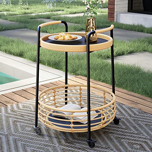 Grand Patio Colosseum Indoor & Outdoor All-Weather Wicker 2-Tier Storage Side Table With Wheels - Round End Coffee Table With Steel Frame And Glass Top - Natural #TOP16