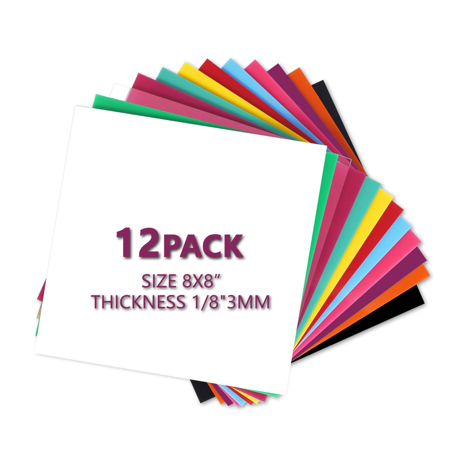 Pack of 12 Acrylplatte 3mm Farbig Acrylic Glass 20.3cm x 20.3cm FüR Laserschneiden, Gravieren, Uv-Druck, Beschilderung, Diy-Projekte, Mit Schutzpapier Acrylic Sheet, Leicht Zu Schneiden