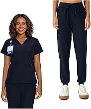 Women's Scrub Set - V-Neck Top with 3 Pockets & Stretch Yoga Pants with 5 Pockets - Soft Stretch Easy Care, Navy Blue,L