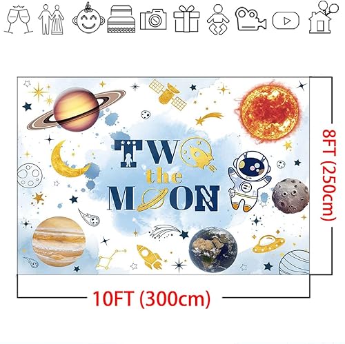 Miniatura 8 de Mocsicka Telón de fondo con texto en inglés Two The Moon para fiesta de segundo cumpleaños, espacio exterior, decoración de fondo del espacio