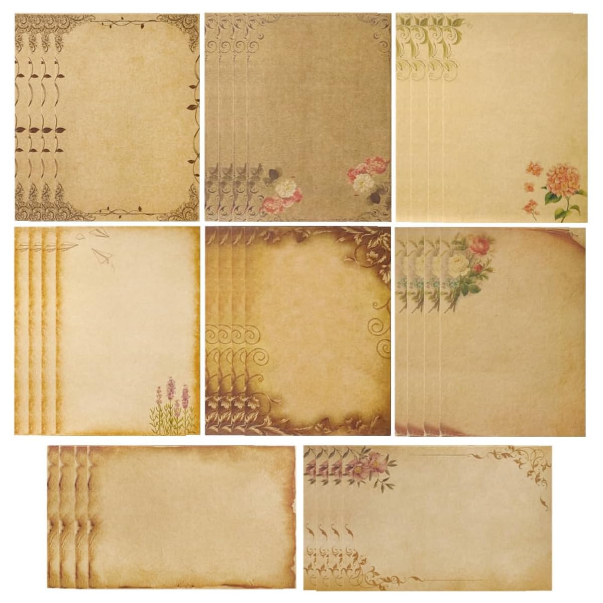 ofifo® 48 sheet vintage letter papers writing papers with floral embellishment, 8-design, yellowish retro decorative papers brown background papers for writing, crafting, decorating, 21cmx14.5cm