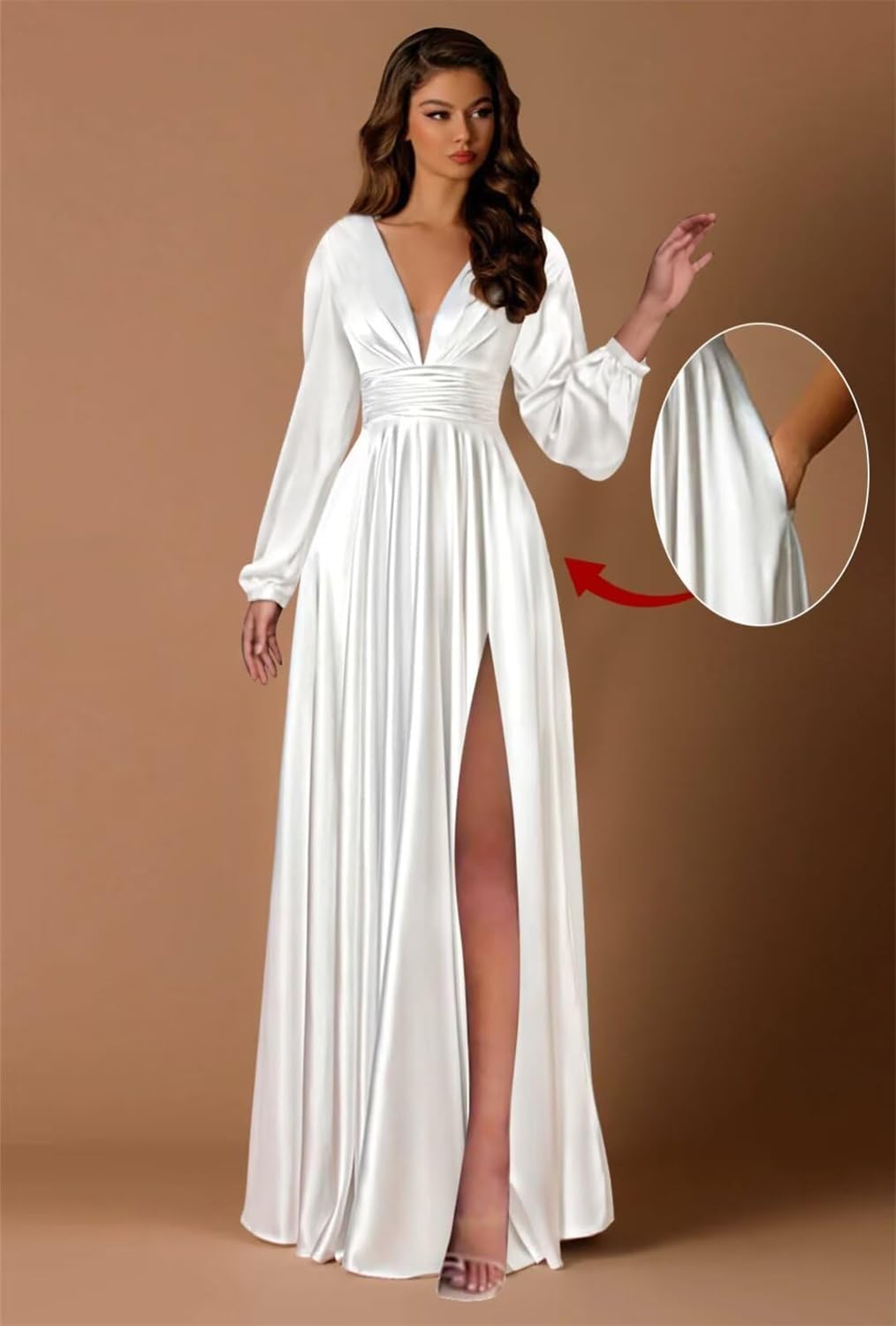 Fashionbride Long Sleeve Satin Bridesmaid Dresses A Line Prom Dress Split Pleated Formal Evening Dress with Pockets AP03 - Image 4