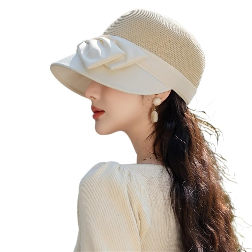 Chapeau de soleil à large bord beige avec nœud élégant pour femme