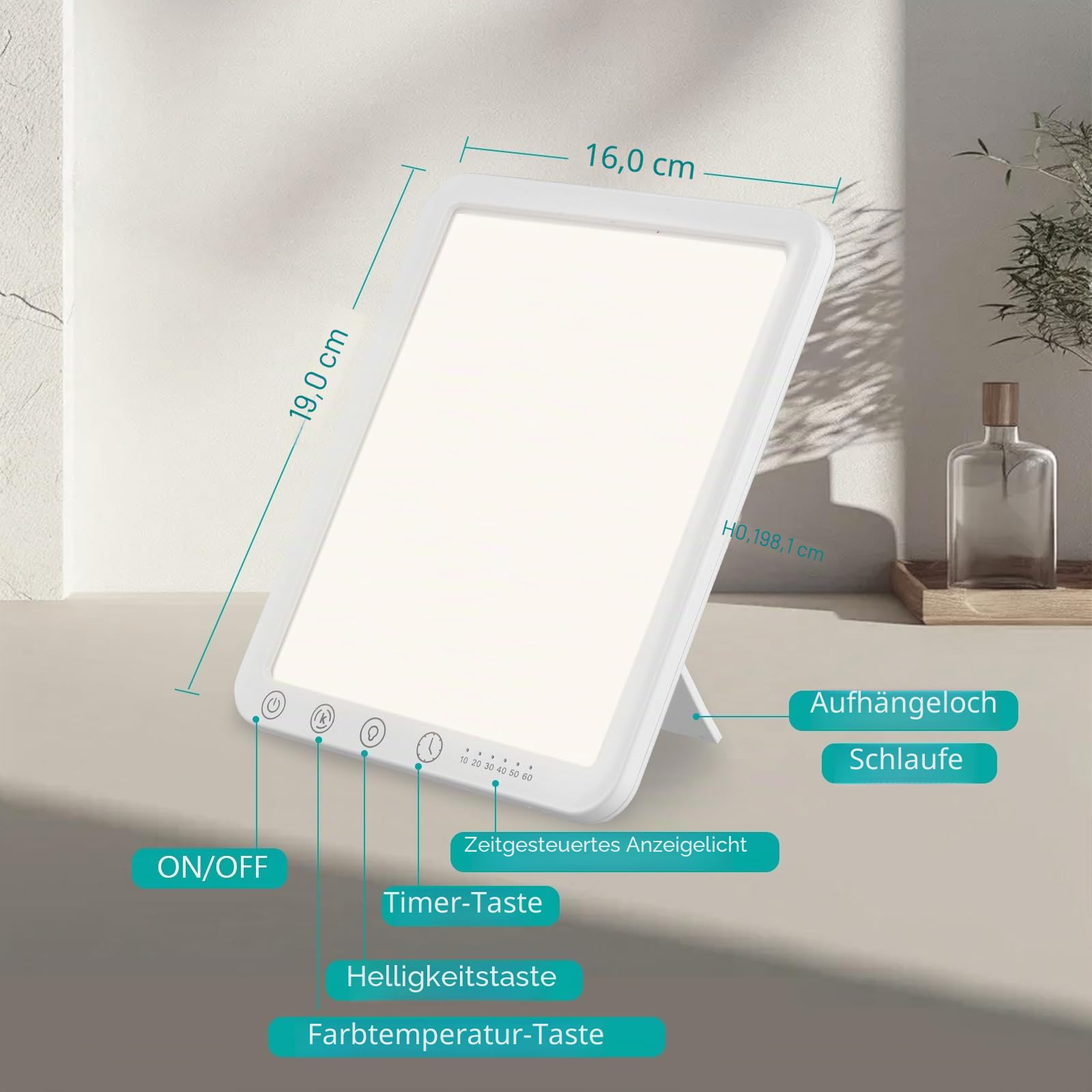 Tageslichtlampe 10000 Lux, LED Lichttherapielampe Tageslicht mit 3 Farbtemperaturen 6 Timer, LED Daylight Lampe, Touch-Control Sonnenlicht Lampe, Vollspektrumlampe für Zuhause/Büro (Rechteck)