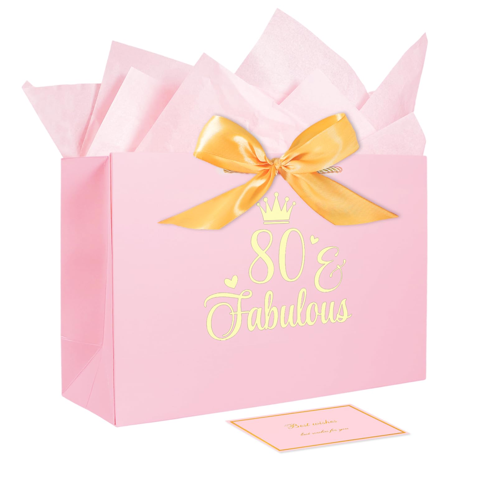 80th Birthday Gift Bag, Large Pink Gift Bag with Card and Paper Wrapping, 80th Birthday Gifts for Women for Birthdays, Valentine's Day, Party Favors, Anniversary